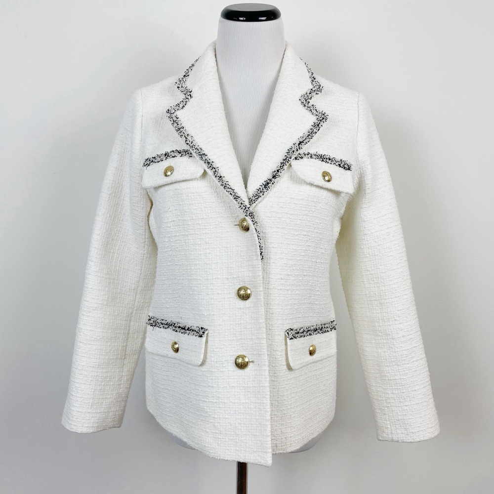Talbots Women's TWEED FRINGE JACKET Cream Gray Sz 8P Gold Button Work Business